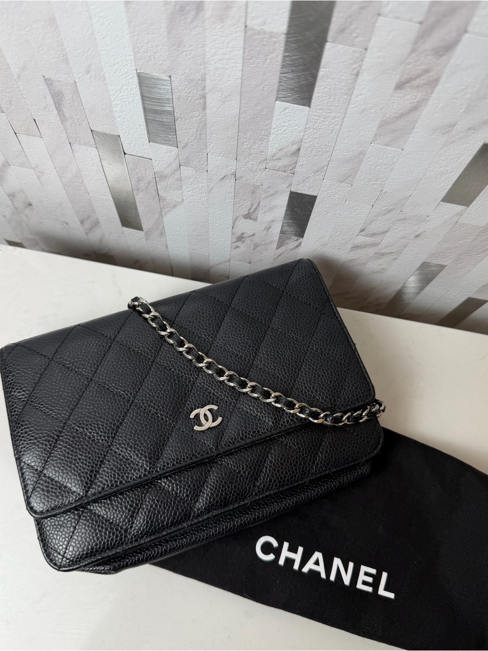 ♠️CHANEL Black Caviar Quilted Wallet On Chain WOC Silver Hardware Crossbody Bag
